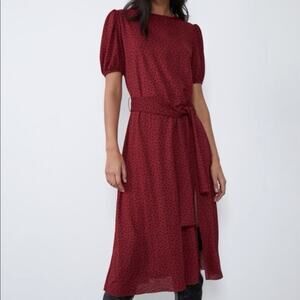 Zara black polka dot red midi dress puff sleeves(No belt) NWT size Small
